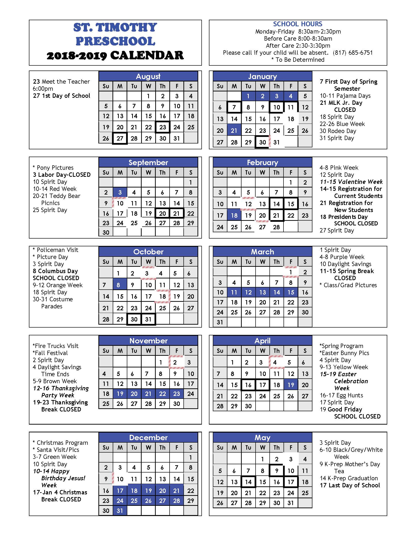 Calendar St. Timothy Preschool