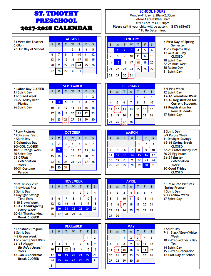Yearly Calendar St. Timothy Preschool