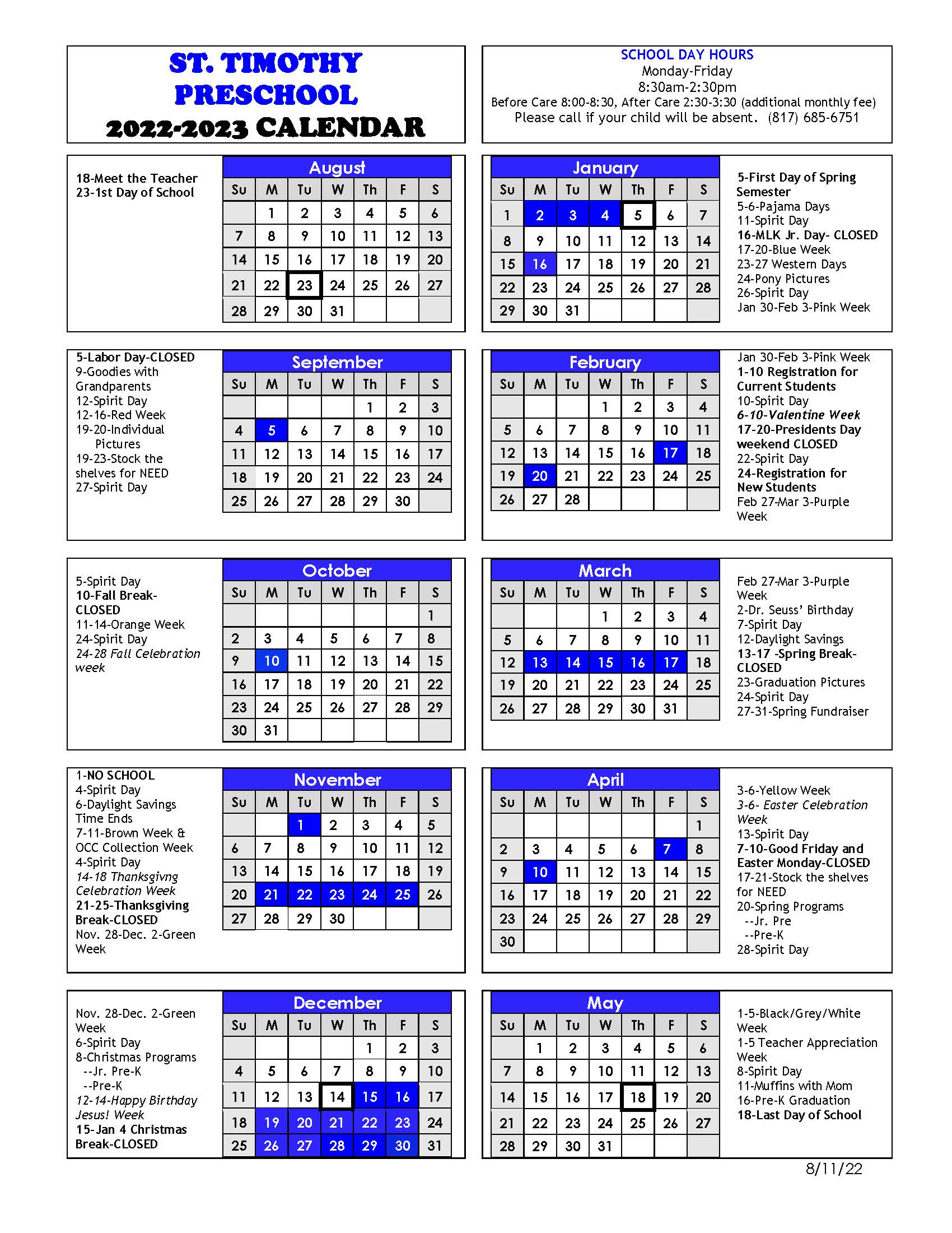 2022 2023 School Year Calendar St. Timothy Preschool