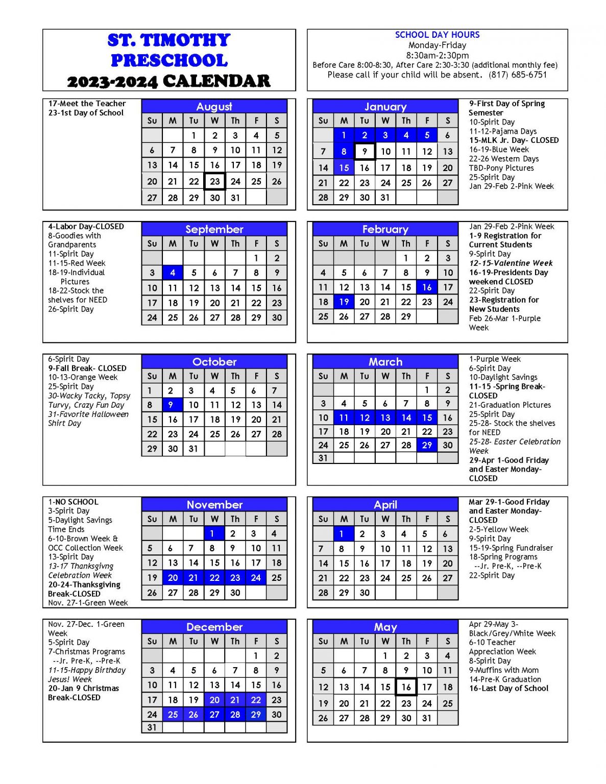 20232024 School Year Calendar St. Timothy Preschool